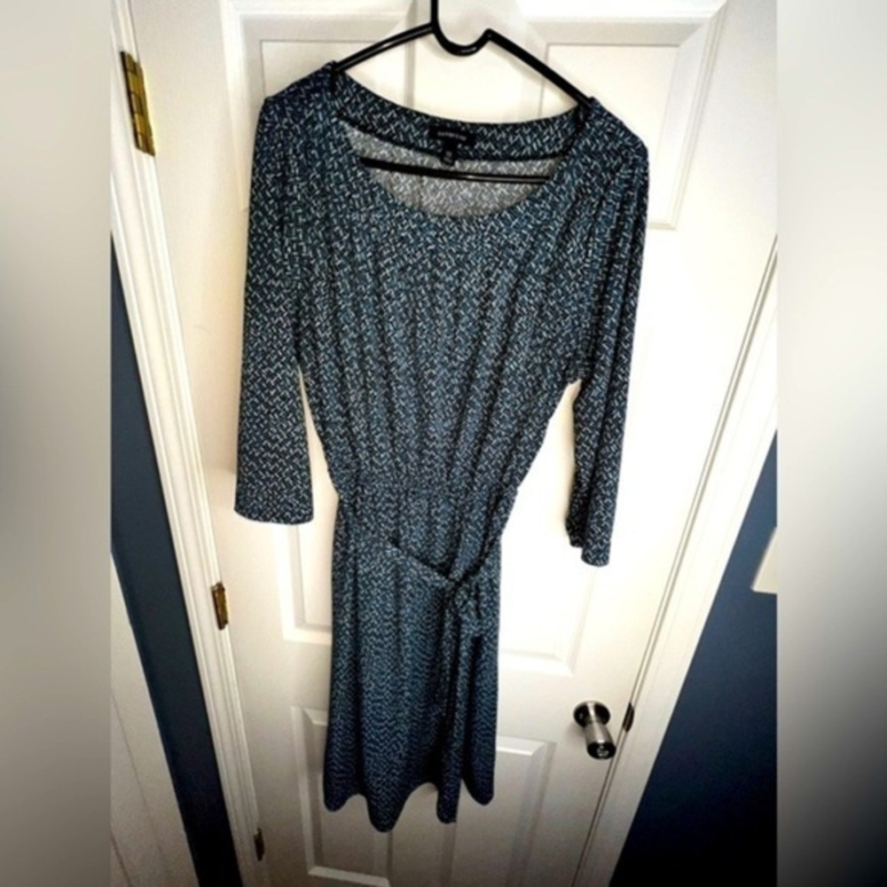 Lands' End Women’s 0X 14W Blue Black Geo Print 3/4 Sleeve Jersey Knit Dress